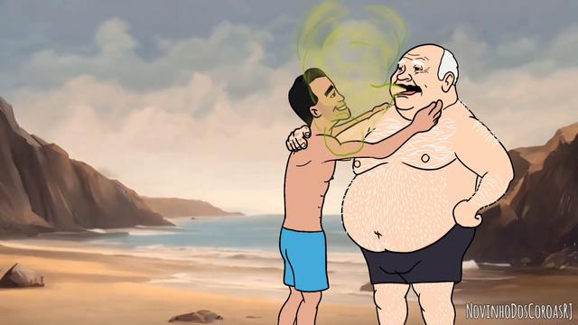 Vô João, o caipira, se divertindo com o love na praia