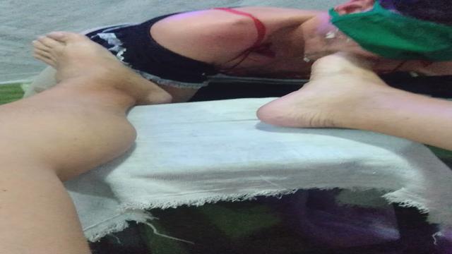 Licking a male's foot and thanks
