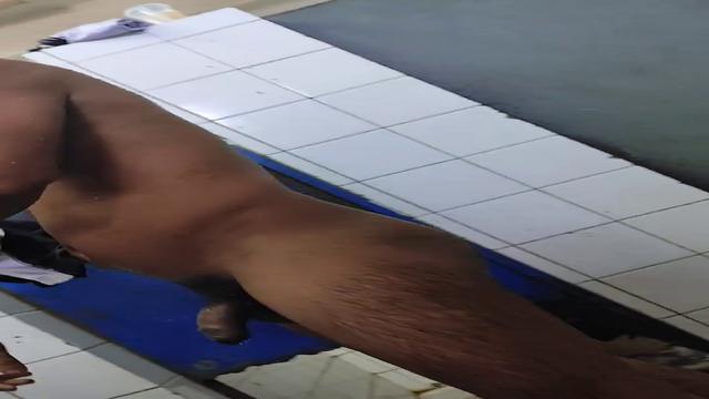 Brazilian men bathing and pissing at bathroom