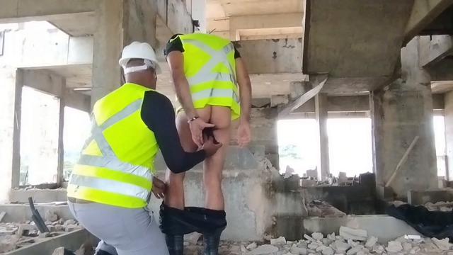 Dirty electrician brings his wife's dildos for his colleague to play with at the construction site, he gets all horny to stick it in him.